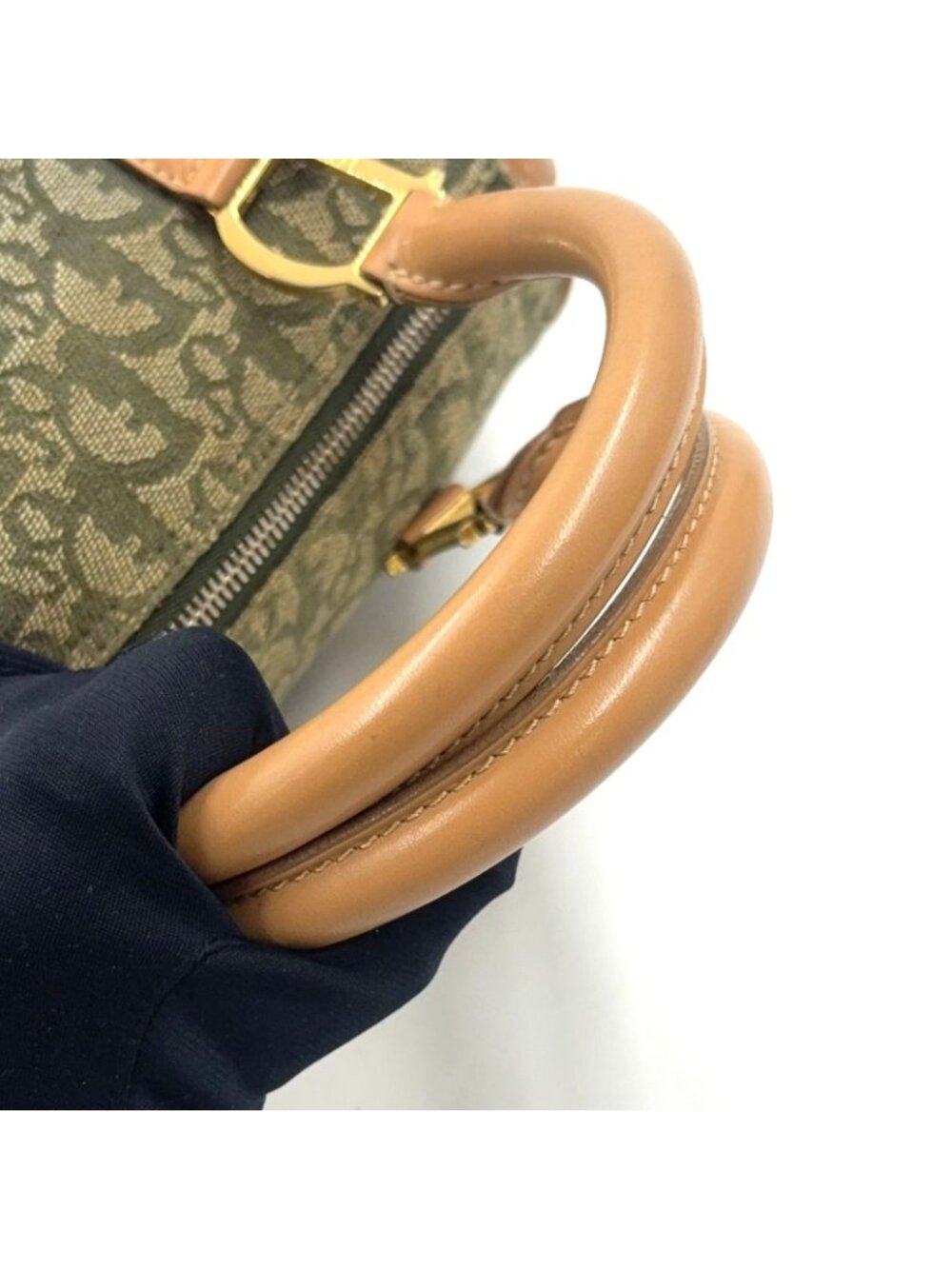 Dior Trotter Mini Leather Canvas Khaki Green Light Brown Boston Bag Gold - Picture 7 of 15